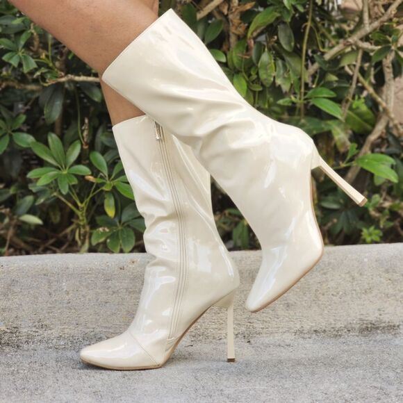 Women Mid Calf Square Toe Heel Boot Off White Color - Picture 4 of 5